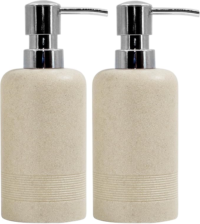 YMXYJM Resin Soap Dispenser Sets, 2 Pcs Heavy Lotion Dispensers,10.8oz Refillable Liquid Soap Dispensers with Rust-Proof Pump for Bathroom Countertop or Kitchen, Stone Beige