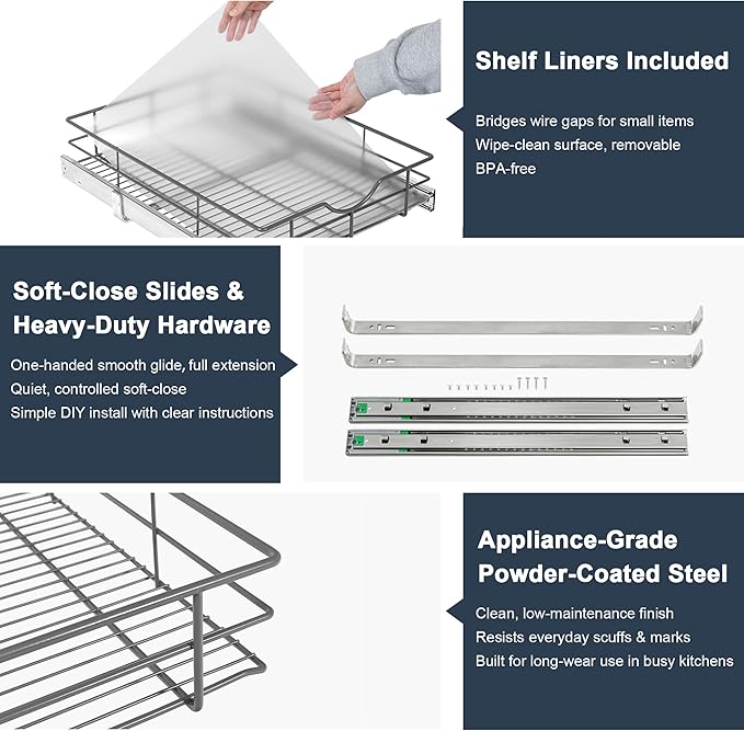 Pull Out Shelves - 17" W x 22" D Soft Close Pull Out Cabinet Organizer 1 Tier - Sliding Shelves with Shelf Liner - Heavy Duty Steel Wire Drawers for Kitchen Cabinets, Pantry, Bathroom