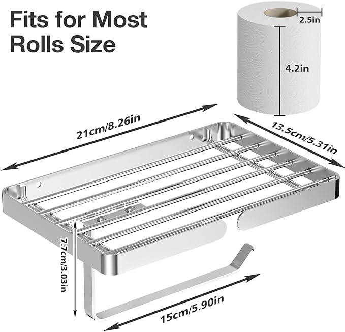 Toilet Paper Holder with Wipes Holder, Self Adhesive Toilet Rolls Holder Without Drilling, Rustproof Stainless Steel