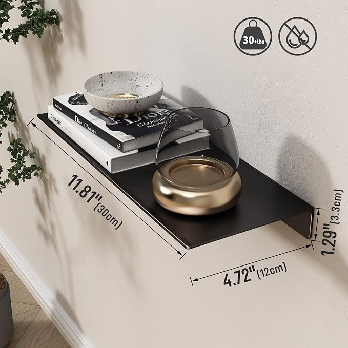 Danpoo 12 inch Metal Floating Shelves for Wall Organizer & Storage, Display Shelves for Bathroom, Living Room, Kitchen, Bedroom(Matte Black, 2-Pack)