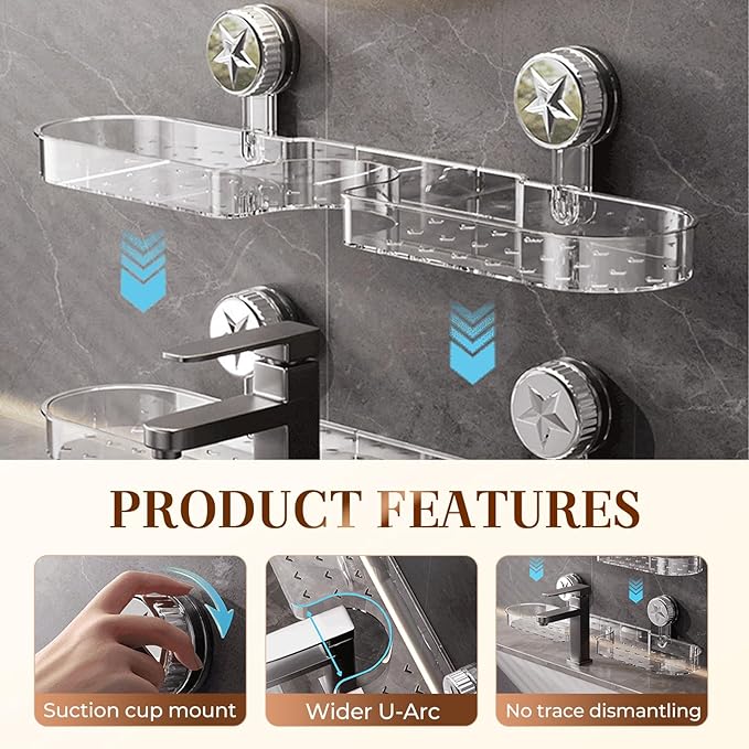 LECDOA Corrugated Suction Cup Storage Holder, 2025 New Movable Shower Shelf Suction Cup, No-Drill Wall-Mounted Storage Shelf, Luxury-Style Glacier Pattern (New Black 2pcs)