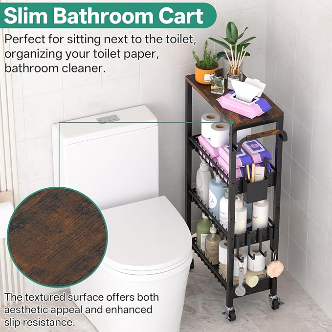 DTUQYX Slim Bathroom Storage Cart, 4 Tier Small Rolling Organizer Cabinet with Wood Top Handle, Mobile Shelving Unit Slide Out for Office, Kitchen, Laundry Room & Narrow Places (9.1" Overall Width)