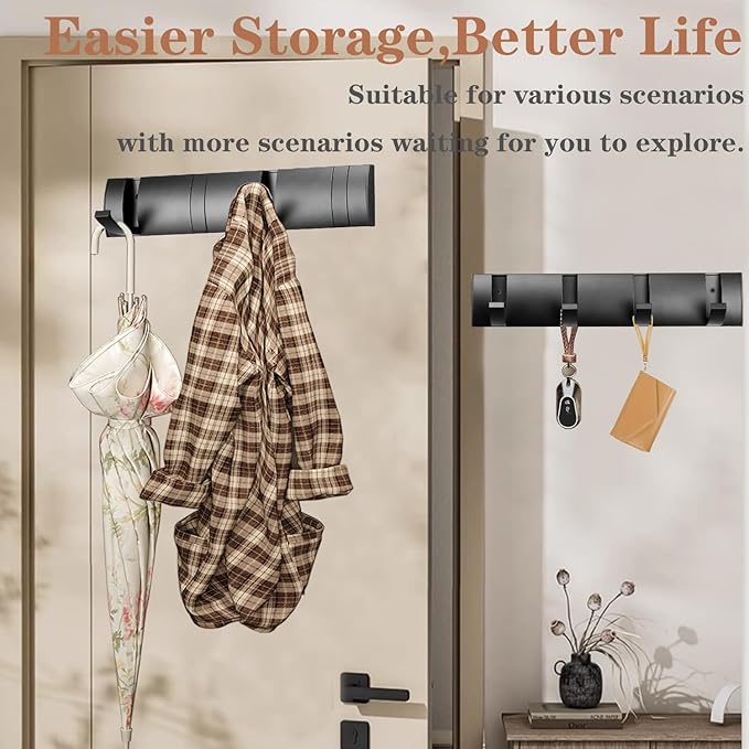 Folding Coat Hooks, Wall Mounted Coat Rack with 8 Retractable Hooks, Heavy Duty Towel Rack for Bathroom Wall Hook for Hanging Clothes Bathrobe, Stainless Steel Coat Hanger for Entryway(Black)