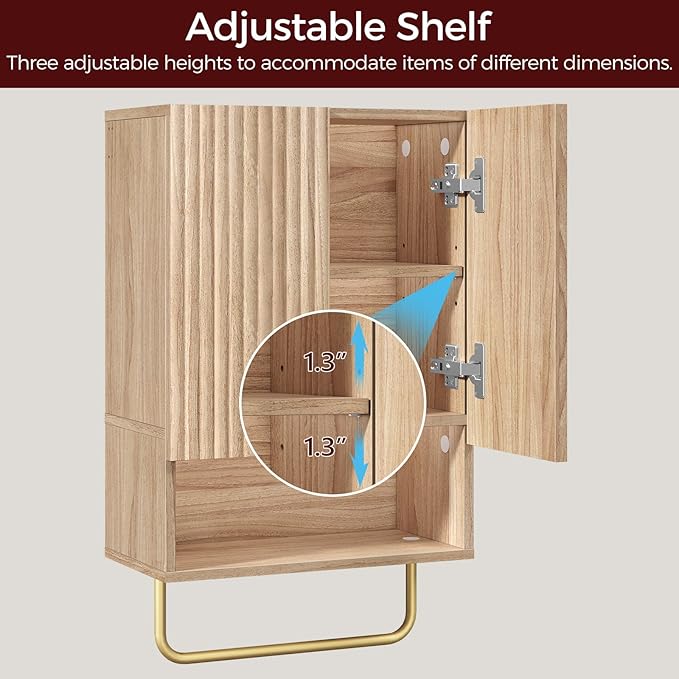 MAHANCRIS Bathroom Wall Cabinet, Wall Mounted Medicine Cabinets with Towel Bar & Adjustable Shelf, Over The Toilet Space Saver Storage Cabinet with 2 Doors, for Bathroom Laundry Room Kitchen, Natural