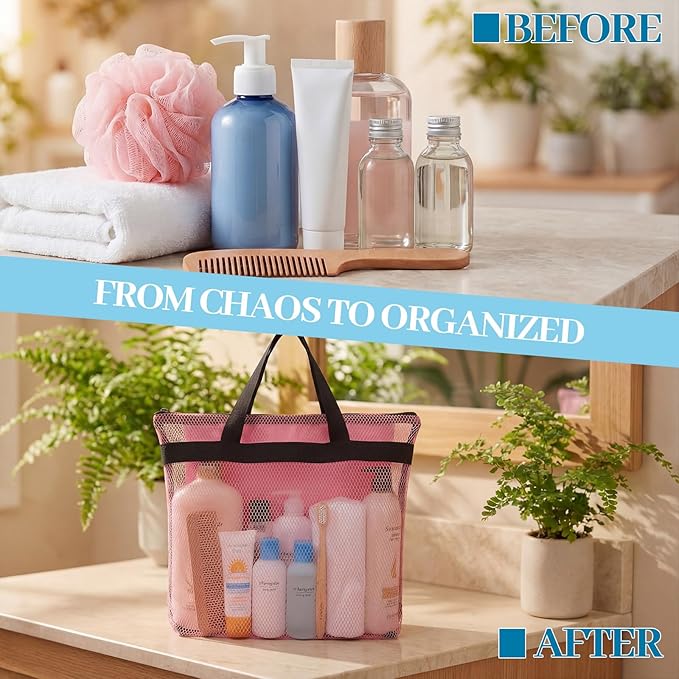 Tudomro 5 Pcs Mesh Shower Bag Caddy Tote Portable Quick Dry Tote Bag Lightweight Hanging Toiletry Bath Organizer for College Dorms Gym Swimming Beach Travel Games Sports (Black Handle)