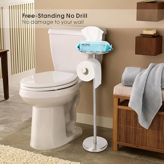 Standing Toilet Paper Holder, TP Holder with Practical Tray On Top for Phone, No Drill No Damage to Wall, Stainless Steel (Brushed Nickel)