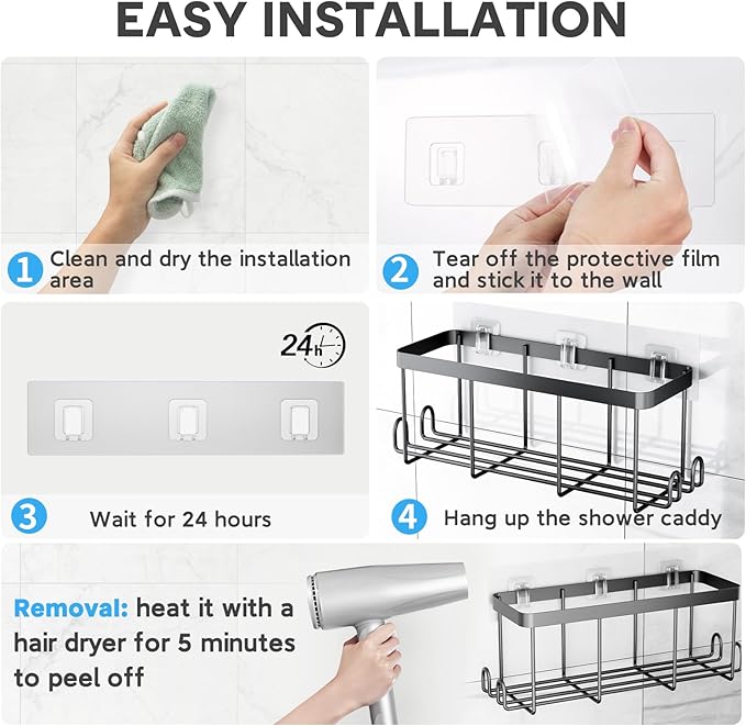 10 Pack Shower Caddy Adhesive Replacement, Waterproof Shower Shelf Adhesive Strips, Strong Adhesive Flat Hooks for Bathroom Storage Shelves and Kitchen Racks No Drilling, Clear