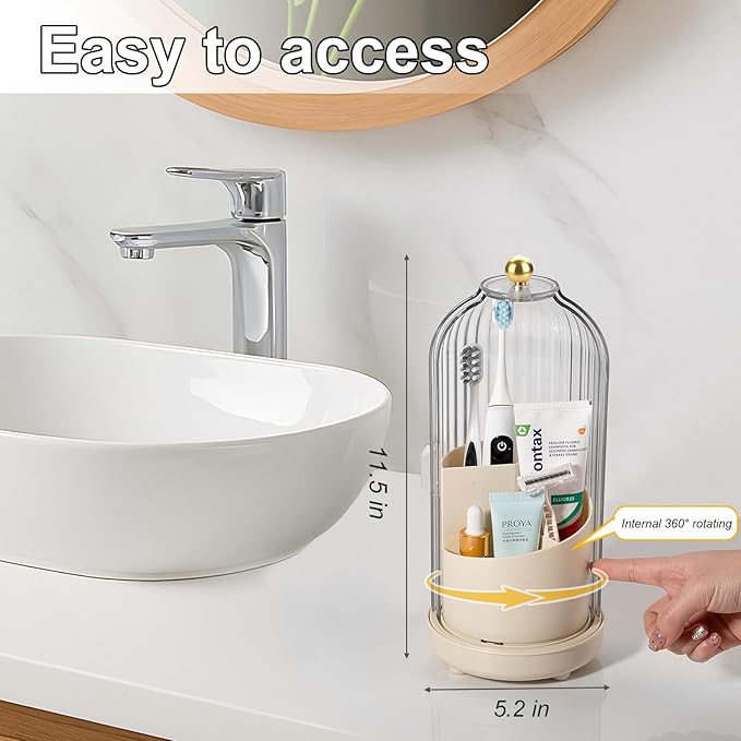 Rotating Toothbrush Holders with Cover, Dustproof Toothbrush Holder with Sliding Lid Electric Tooth Brush and Toothpaste Organizer for Bathroom, Makeup Brush Holder for Vanity, Beige