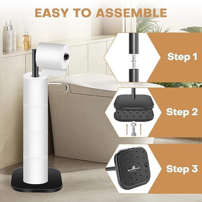 Toilet Paper Holder Stand Freestanding - Matte Black Stainless Steel Bathroom Storage Organizer - Non-Slip Rust Proof Tissue Roll Dispenser for Bathroom