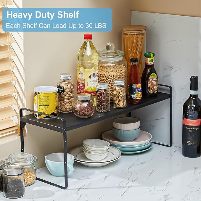 15.5 to 25.5 Inch Expandable Kitchen Cabinet Organizer Shelf, 2 Pack 30 LBS Heavy Duty Adjustable Kitchen Counter Storage Shelves Organizers,Stackable Small Storage Shelf Rack For Cabinet Cupboard
