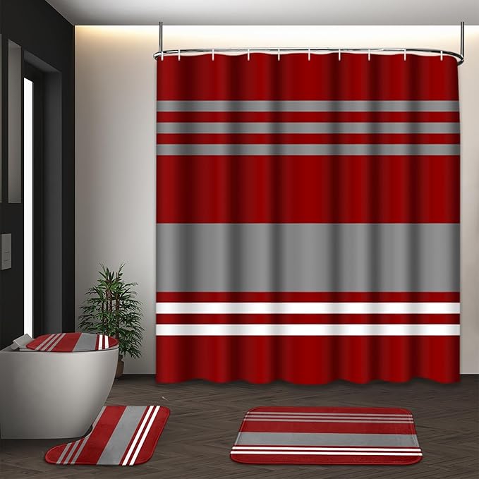 Red Burgundy Stripes Shower Curtain Set with Toilet Lid Cover and Non-Slip Rugs for Bathroom, Modern Grey Lines 4 Pcs Shower Curtain, Vintage Abstract Beautiful Bathroom Set with 12 Hooks