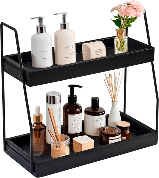 Acacia Bathroom Organizer Countertop 13.6 x 14 x 6.7 inches, 2-Tier Wood Counter Standing Rack, Countertop Storage Shelf for Organizing Bathroom Kitchen Office Desk Vanity Cosmetic Balcony (Black)