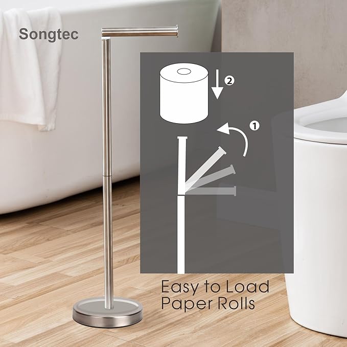 Songtec Toilet Paper Holder Stand, Sturdy Floor Standing Tissue Roll Holder for 5 Toilet Paper Rolls, Rust-Proof & Heavy Stainless Steel Base (Brushed Nickel)
