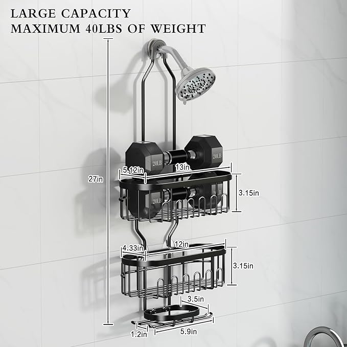 CICUFY Shower Caddy Hanging, Rustproof Bathroom Shower Organizer Hanging, No Drilling Over the Shower Head Caddy with Hooks for Razor, Shower Shampoo Holder with Soap Basket, Black