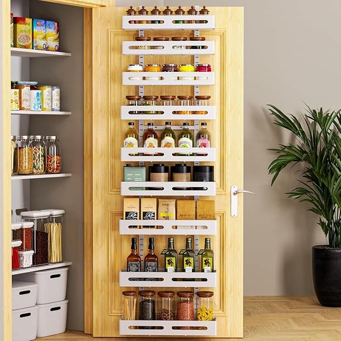 Moforoco White 9-Tier Over The Door Pantry Organizer, Pantry Organization And Storage, Metal Hanging Spice Rack Shelves Door