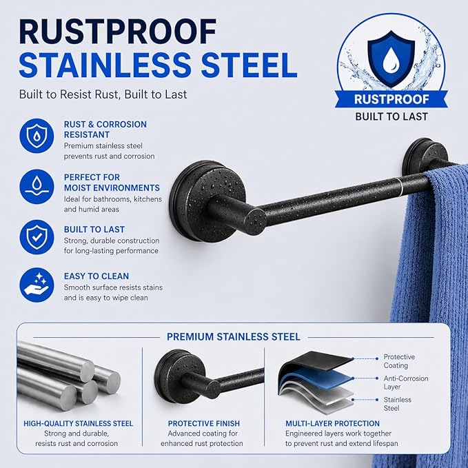 Extendable Suction Cup Towel Bar, Matte Black Stainless Steel No Drill Towel Holder for Bathroom, Adjustable Wall Mounted Towel Rack for Shower, Kitchen, RV, Smooth Tile, Glass, Mirror and Metal