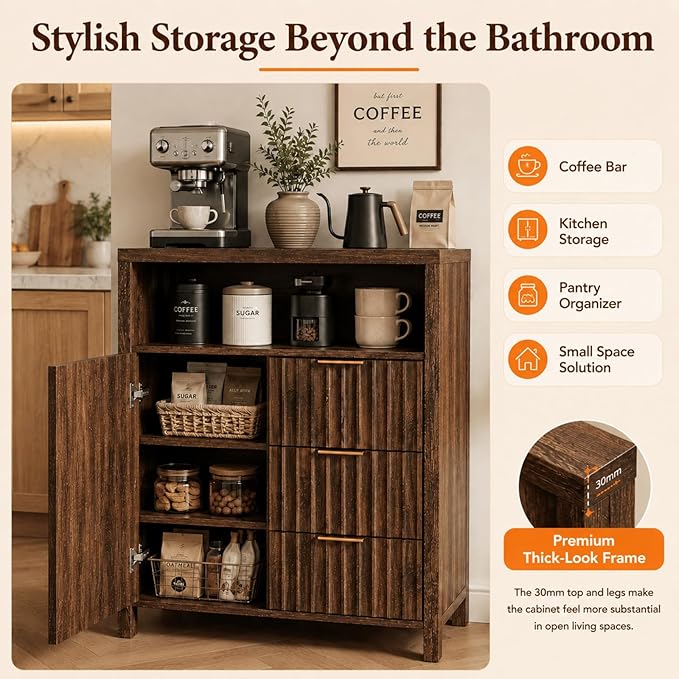 VINGLI Bathroom Floor Storage Cabinet with 3 Drawers, Modern 32" Freestanding Short Storage Organizer with Fluted Door & Adjustable Shelf, 12 Inch Deep Walnut Wooden Console for Small Space