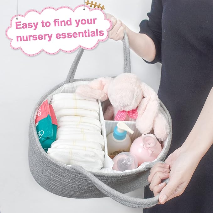 ABenkle Diaper Caddy Organizer, Rustic Boho Cotton Rope Nursery Baby Basket, Changing Table Organizer for Baby Diaper Storage, Neutral Grey