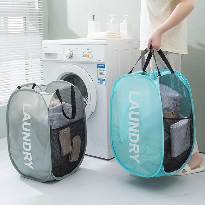 2pcs Pop Up Mesh Laundry Hamper Room Collapsible Storage Bin Lightweight Basket For College Dorm Home Travel Camping (Pink & Mint blue)