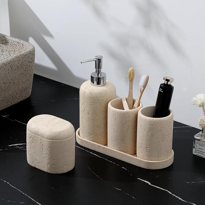 Bathroom Accessories Set, 5PCS Modern Bathroom Accessory Set with Soap Dispenser, Mouthwash Cup & Toothbrush Holder, Qtip Holder, Tray