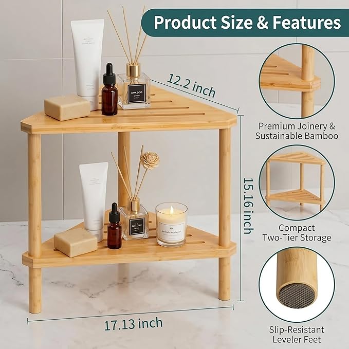 Bamboo Corner Shower Stool with Storage Shelf, Waterproof 2-Tier Shower Foot Rest for Shaving Legs, Small Bathroom Corner Bench Organizer for Inside Shower, Spa Bath Seat