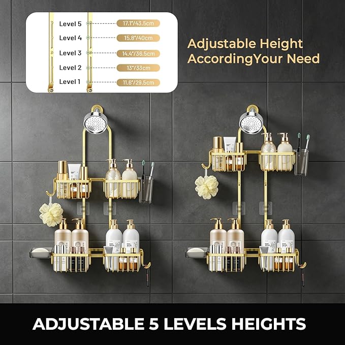Adjustable Hanging Shower Caddy for Handheld Showerhead, Rustproof Aluminum Over Shower Head Organizer, Renter-Friendly No-Swing Storage for Tall Bottles & Soap, 2-Tier, Gold