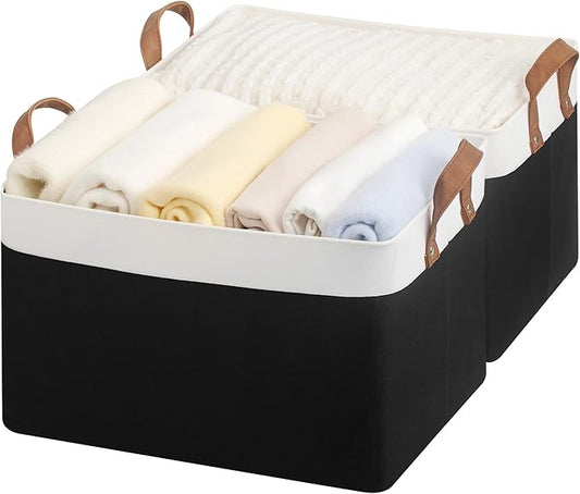 StorageWorks Storage Bins, Fabric Storage Bins for Shelves, Large Storage Baskets with Metal Frame, Closet Baskets and Bins with Handles, Black and White, 2-Pack
