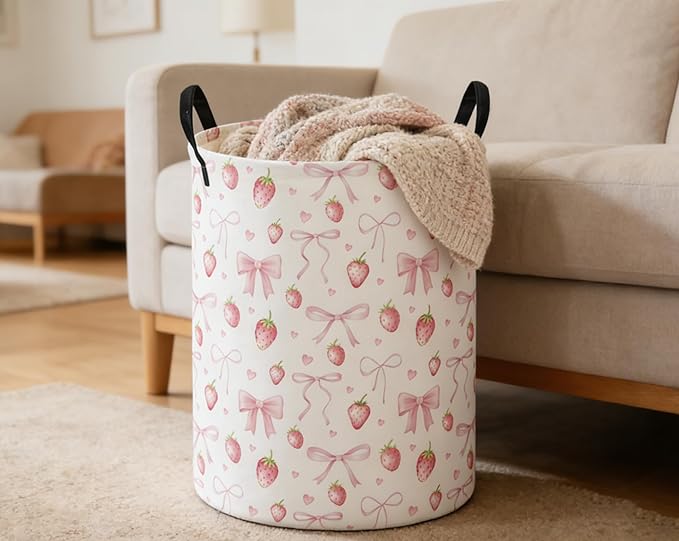 ESSME Kids Laundry Basket,Strawberry Hamper Collapsible Canvas Waterproof Storage Bin for Girls, Cute Hamper,Gift Baskets(Strawberry)