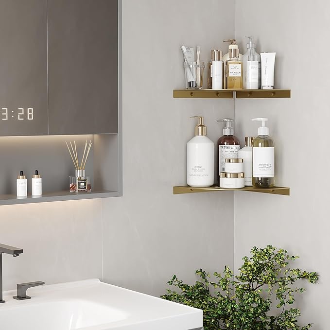 2 Pack Corner Shower Shelves Load Capacity 40 lbs 304 Stainless Steel Shower Corner Shelf Will not Rust 8in Shower Shelf for Inside Shower Brushed Gold Drilling Installation