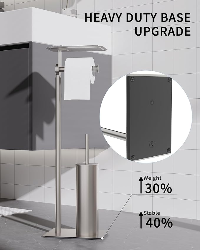 Toilet Paper Holder Stand, Free Standing Toilet Paper Holder with Shelf for Bathroom, Stainless Steel Brushed Nickel Toilet Tissue Holder with Brush and Holder Set, Weighted Base