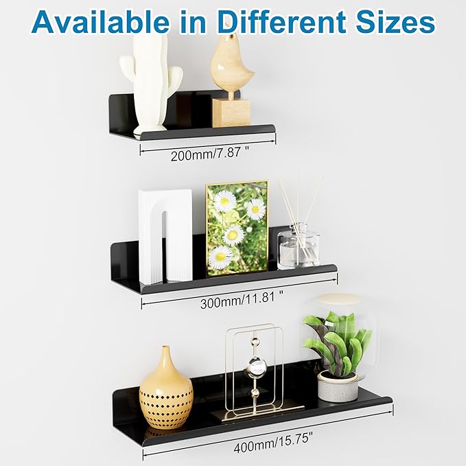 SAYAYO Black Floating Shelves for Wall Storage, 12 Inch Adhesive Wall Shelves for Bedroom Decor, Small Display Bathroom Shelf Organizer for Kitchen, Living Room, Office, 2pcs
