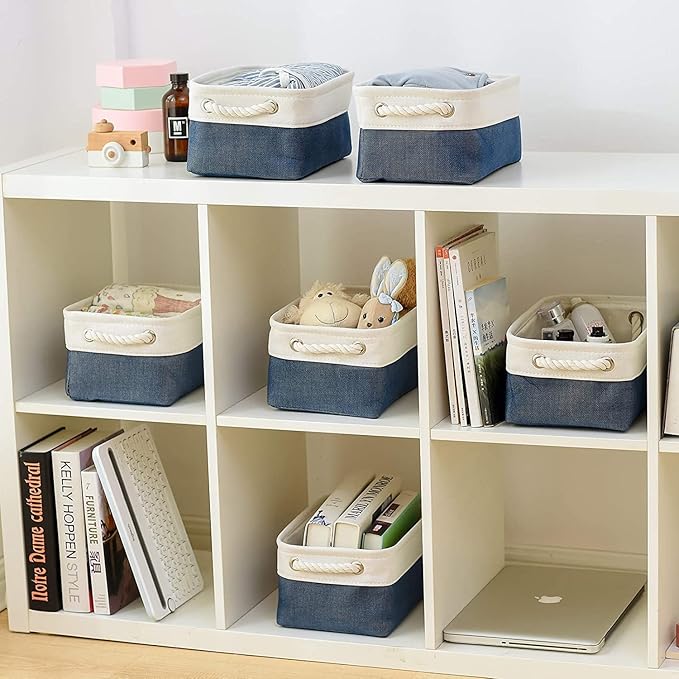 TheWarmHome Storage Basket for Organizing - Small 12x8x5.2 inch 6 Pack Collapsible Storage Bin for Shelves, Canves Storage Cubes for Organizer Cloth Box Gift Toys Closet (White & Jean Blue)