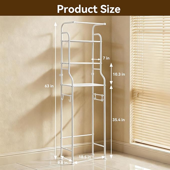 3-Tier Over The Toilet Rack,Bathroom Shelf Space Saver,Corner Stand Storage Organizer Accessories,The Over The Toilet Storage,with Hanging Rod,Tower Shelf,White(White-cgksj, one Size)