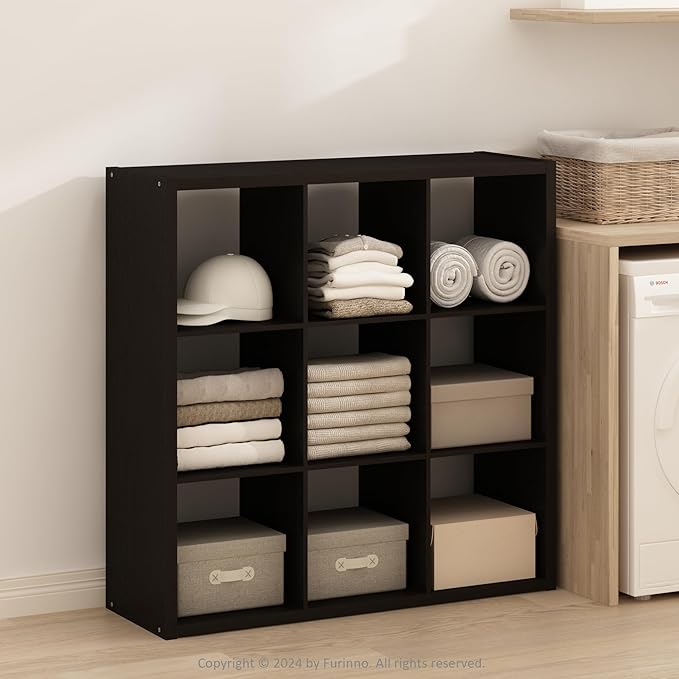 Furinno Simple Cube Storage Organizer, 9-Cube Display Shelf, Open Back Shelving Unit, Storage Shelves, Extra Thick Frame, for Organization and Storage, Living Room, Home Office, Black Dark Oak