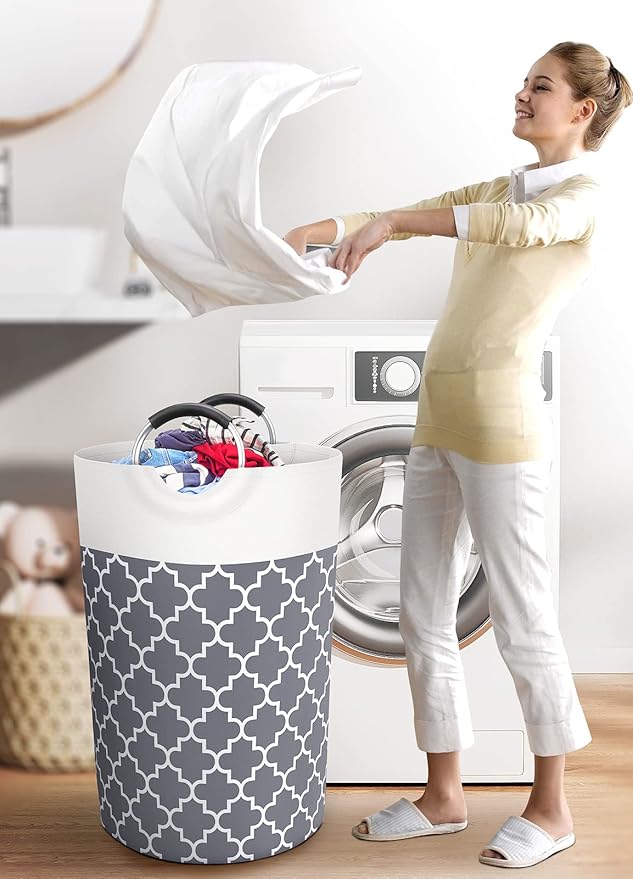 Fabspace Large Laundry Basket Laundry Hamper Bag Washing Bin Clothes Bag Collapsible Tall with Handles Waterproof Travel Bathroom College Essentials Storage for College Dorm, Family (Grey) 115L