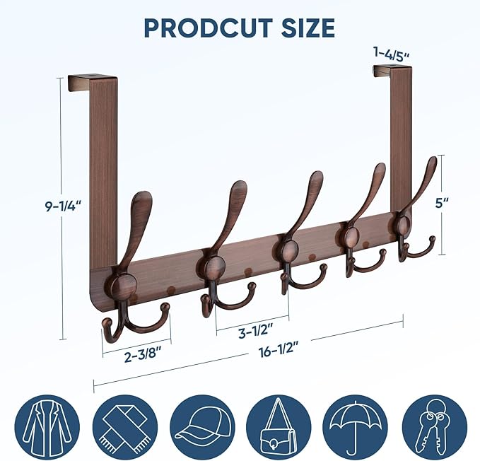 TICONN Over The Door Hooks, 5 Heavy Duty Tri Coat Rack All Metal Coat Hanger for Bathroom Bedroom Dorm (Antique Bronze, 1PK, Fit 1-3/4" Doors)