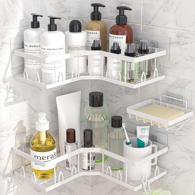 Shower Shelf Corner, Adhesive Shower Caddy Rustproof, Shower Shelves Corner with Soap Holder, No Drilling Shower Corner Organizer for Dorm, Renters Bathroom, White, 3 Pack