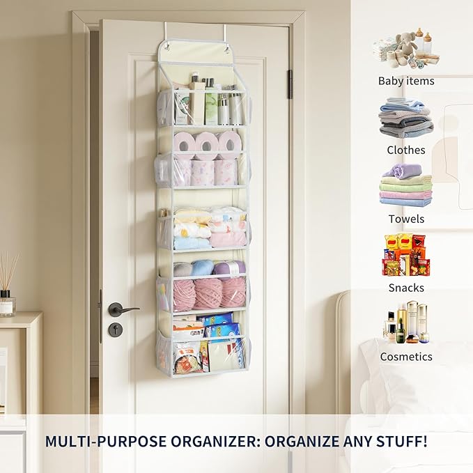 Yecaye 5-Tier Over the Door Organizer Hanging, Toy Stuffed Animal Storage, Behind the Door Storage with 5 Clear View Windows & 10 Side Pockets, Over the Door Storage for Bathroom Closet Nursery, Beige