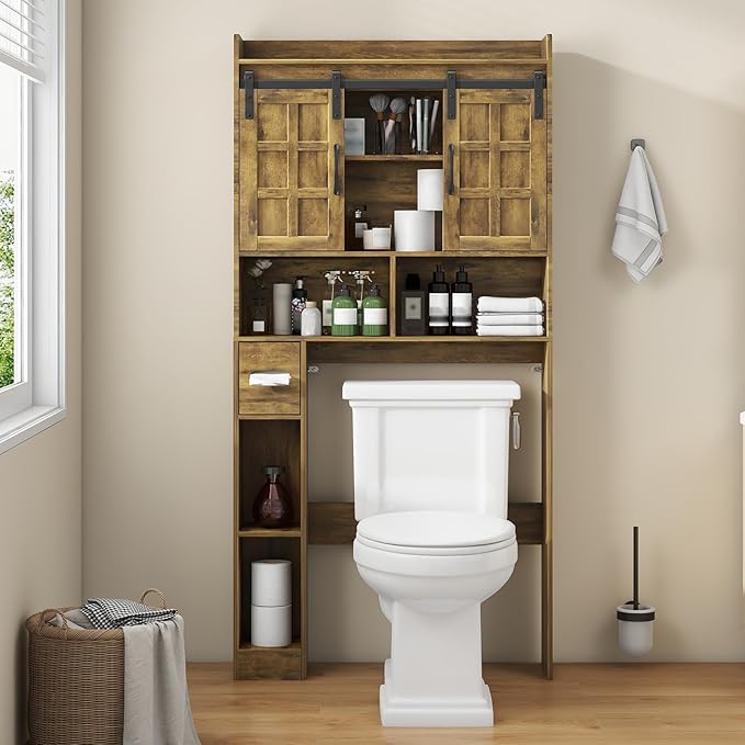 Halitaa Over The Toilet Storage Cabinet, Farmhouse Storage Cabinet Over Toilet with Sliding Doors，Home Space-Saving Toilet Rack, for Bathroom, Restroom, Laundry(Brown