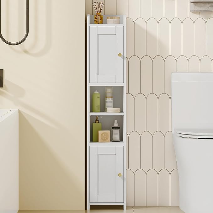 HEXCELEN Slim Bathroom Storage Cabinet, Narrow Cabinet with 2 Doors, Small Bathroom Organizers and Storage, Laundry Room Organization for Small Space, Kitchen, Living Room, White 022413X