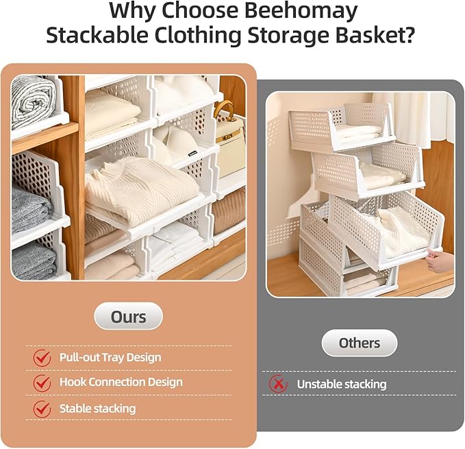 Pull-out Plastic Storage Basket,Stackable Closet Organizers Drawer Anti-Tipping, Reinforced Stable Shelf Container for Bathroom Laundry Room Storage, Space-Saving Clothes Storage (white, Large-4pcs)