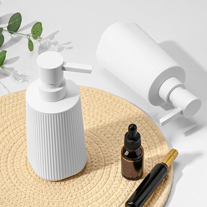 White 2 Pack Hand Soap Dispensers Set with No Rust Pump for Bathroom and Kitchen Countertops Refillable Matte Striped Plastic 8.5 oz
