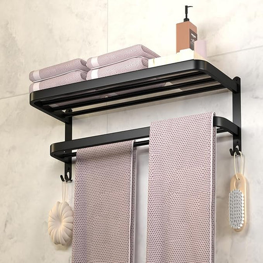 15 Inch Black Towel Racks for Bathroom Towel Shelf with Double Towel Bars Lavatory Wall Mount Holder with Hooks Stainless Steel Hotel Bath Rack (Matte Black)