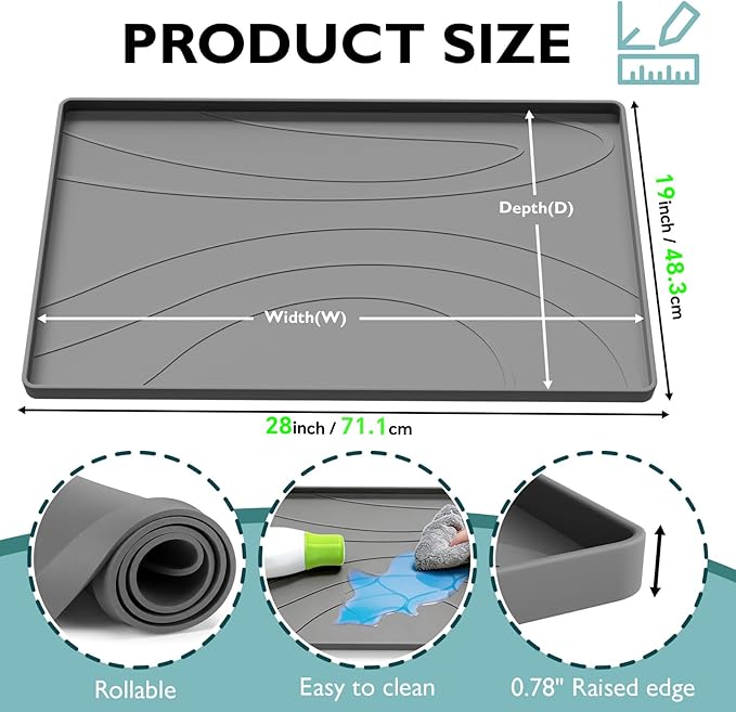 Under Sink Mat 28" x 19", Silicone Under Sink Liner for Kitchen and Bathroom, Waterproof Cabinet Protector Drip Tray, Protects Cabinets from Leaks and Spills