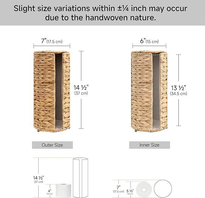 StorageWorks Water Hyacinth Free Standing Toilet Paper Holder Stand for Bathroom, 3 Rolls of Toilet Tissue Storage with a Built-in Cloth Lining, Toilet Roll Holder Stand with Lid