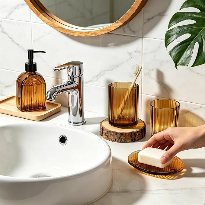 Glass Bathroom Accessories Set,13.5oz 4 Pcs Liquid Arch Design Hand Soap Dispenser Set with Stripe Toothbrush Holder, Mouthwash Cup, Soap Dish for Bathroom(Amber)