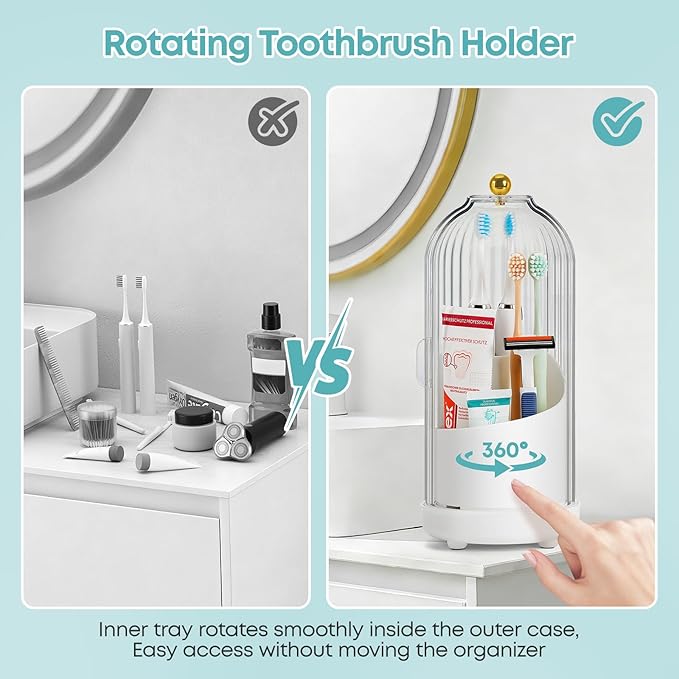 Dustproof Toothbrush Holder, Toothbrush Organizer with 360° Rotating Inner Tray and Sliding Cover, 3-Slot Draining Bathroom Toothbrush Caddy, Vanity Makeup Brush Organizer,White