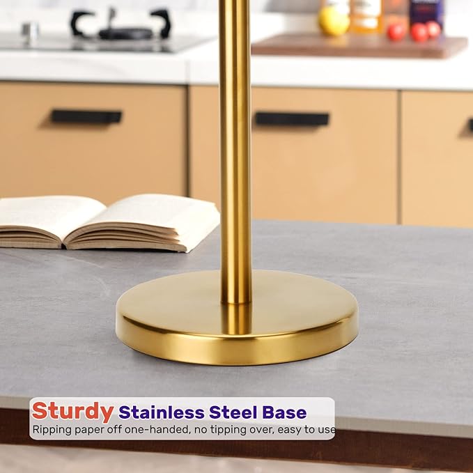 Toilet Paper Holder Gold, Freestanding Toilet Paper Holder Stand with Reserve for 4 Spare Rolls, Sturdy Base, Toilet Tissue Paper Roll Storage Shelf (Stainless Steel Base, Gold)