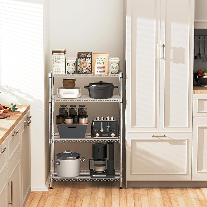 M MZG 5-Shelf Storage Shelves,Wire Shelving Heavy Duty Metal Storage Shelving Unit Adjustable Garage Shelving Rack Pantry Kitchen (Chrome, 4 Tier,15.8" D x 45.3" W x 59.4" H)