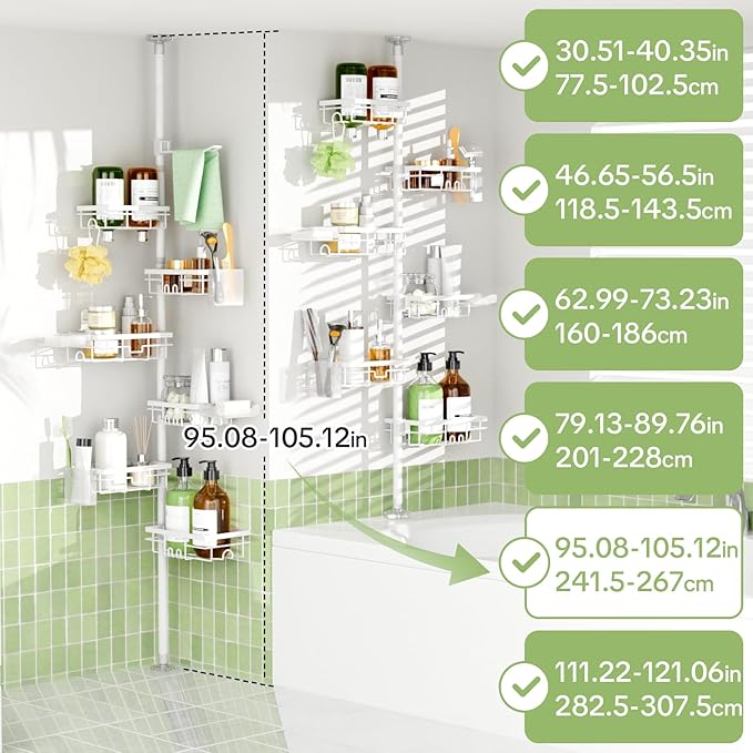 Shower Tension Rod Organizer, 6 Tier Rustproof Corner Shower Caddy Tension Pole with Soap Holder & Hooks, Adjustable 30-121 Inch Bathroom Shelf for Renters - Family Stand Storage Rack, White